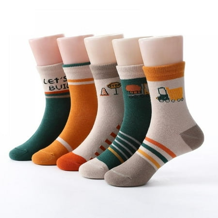 

5 Pairs Children s Socks Baby Socks Toddler Cute Cartoon Truck Striped Socks Warm Soft Socks Kids Sneaker Socks 1-12 Years