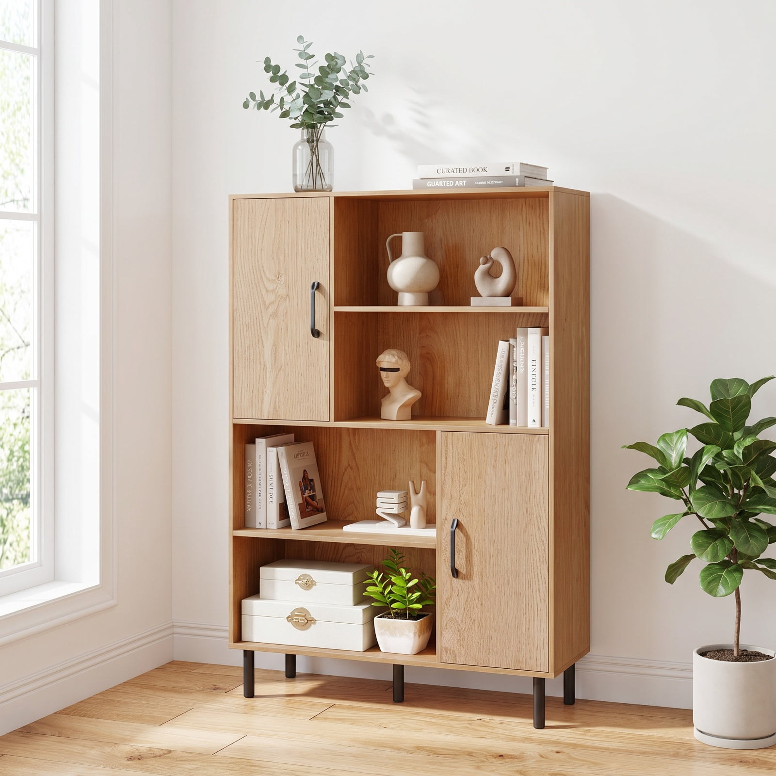 Furnibear 47 Inch Storage Cabinet Freestanding Bookcase with 2 Doors and 4 Open Shelves for Living Room Home Office Bedroom Display Storage, Natural
