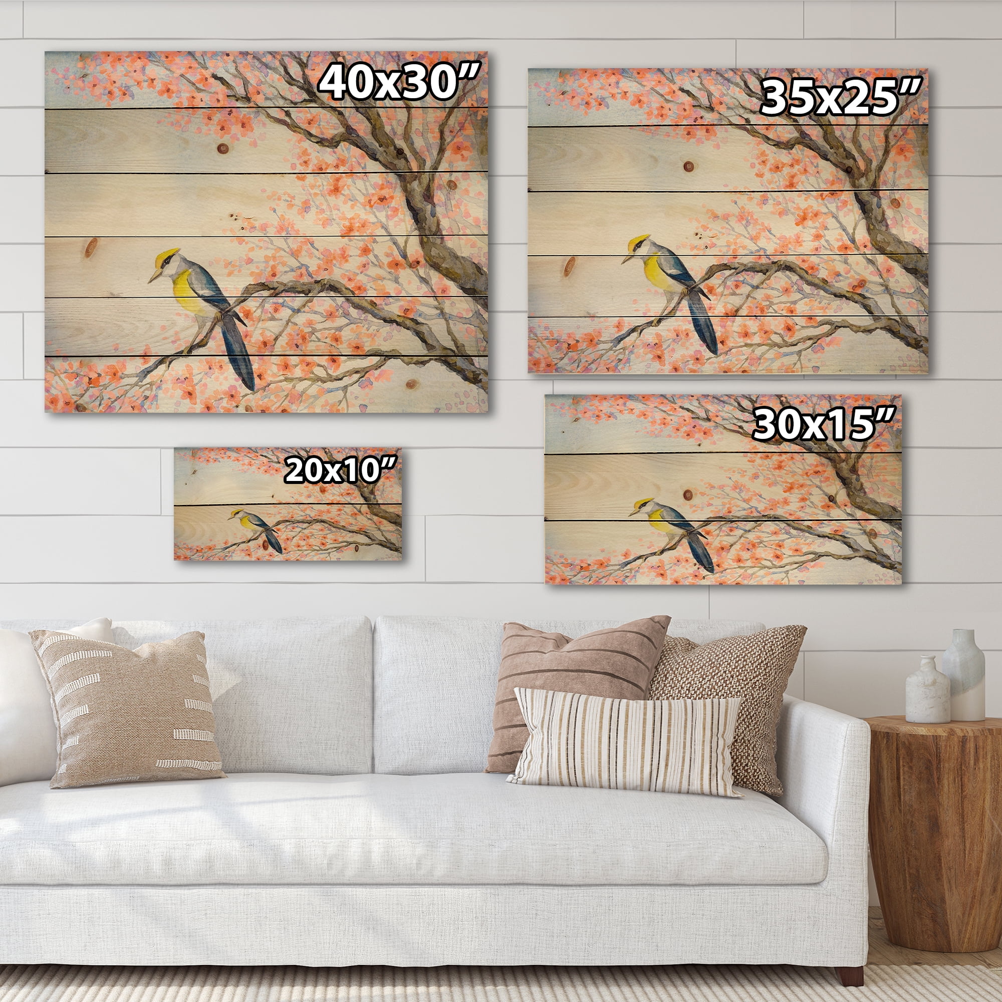 Designart 'Beautiful Blue Bird Sitting On Flowering Branch I' Traditional Print on Natural Pine Wood
