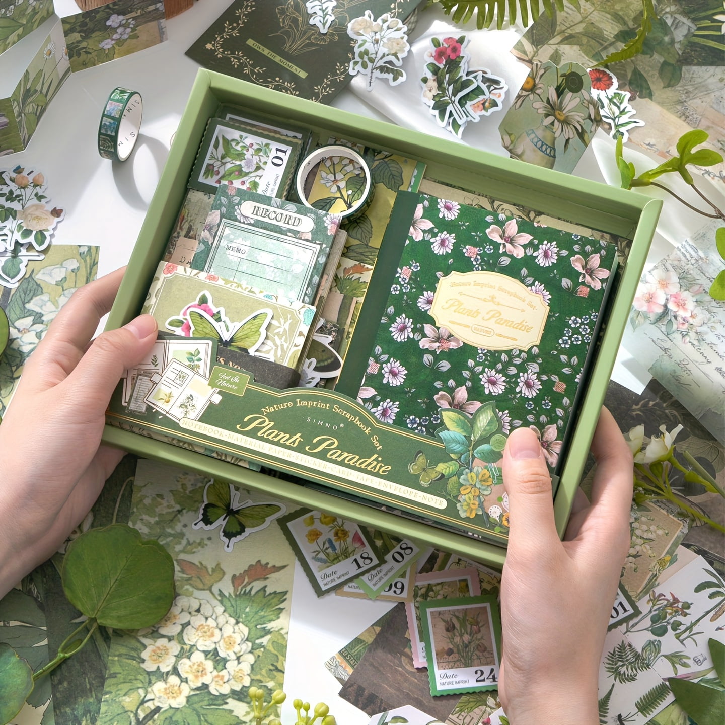 Vintage Botanical Scrapbook Kit 154PCS, Green Aesthetic Journaling Supplies Set with Stickers Decorative Paper Washi Tape for Junk Journal Collage Planner DIY Craft Gift