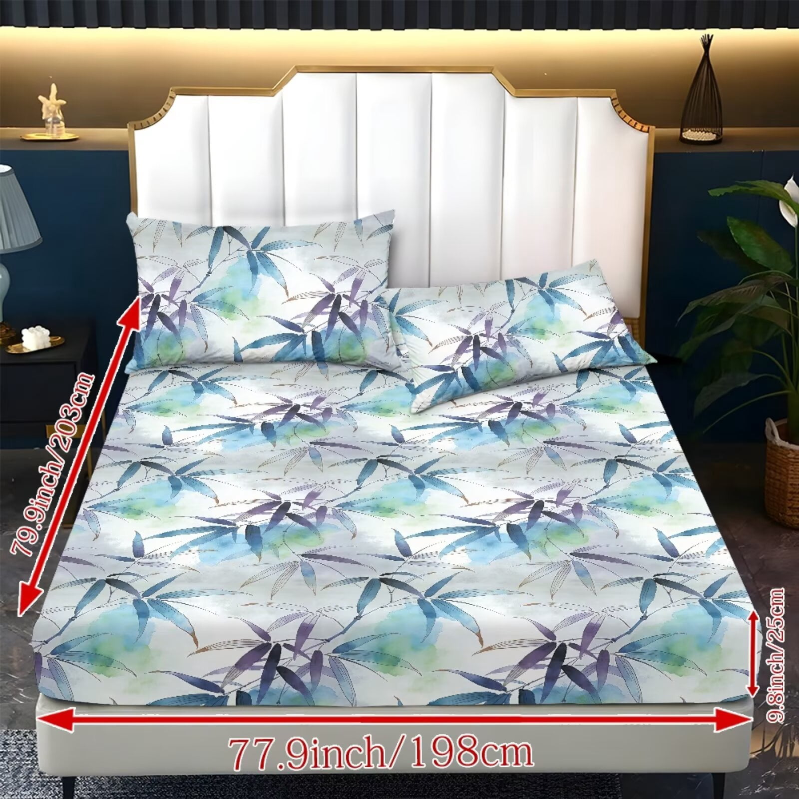 ZIATUBLES King Size Sheet Set, Breathable Durable Cooling Decor Bedding for Bedroom, 3 Pcs Bed Sheets Set - 1 Fitted Sheet, 2 Pillowcases (Oriental Bamboo Leaf Pattern)