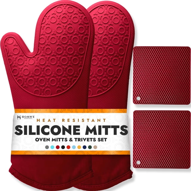 Homwe Juego De 4 Manoplas De Silicona Para Horno Y Ollas, Guantes De Cocina Resistentes, Salvamanteles Seguros Para Encimeras De Cocina, Resistencia Al Calor Avanzada, Agarre Texturizado Antideslizant