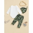 thumbnail image 6 of Baby Toddler Boy Fall Outfit, 0 3 6 12 18 Months Letter Print Long Sleeve Romper Elastic Waist Camouflage Pants Hat 3 Piece Christmas Clothing Set, 6 of 9