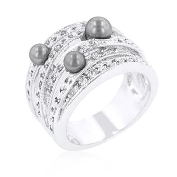 Genuine Rhodium Plated Gray Pearl Cocktail Ring in Silvertone - Size 11