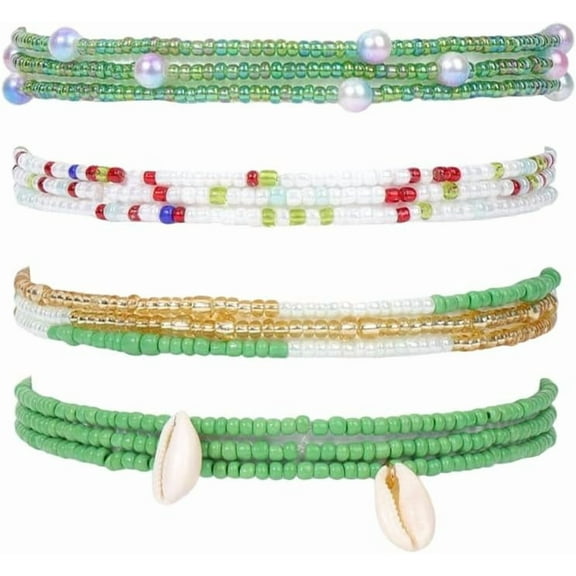 4Pcs Boho Waist Beads Adjustable Slim Chain Belts Seed Beaded Belly Chain Plastic Bikini Body Jewelry for Women Fashion Dresses Summer Beach Green 820mm