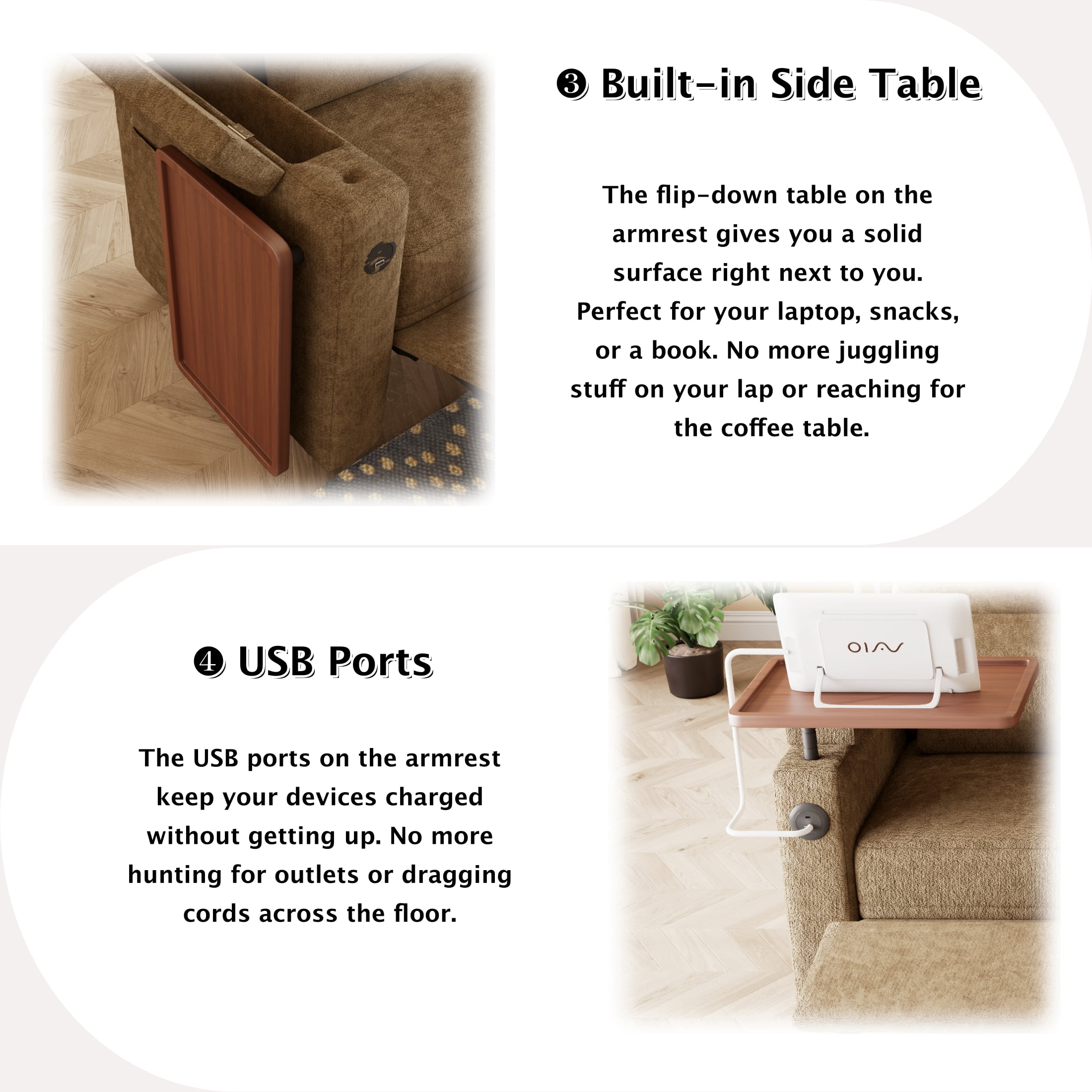 ShiKeyi 83" 3-in-1 Convertible Sofa Bed, Chenille 3 Seater Couch with Sleeper Sofa Function, Adjustable Backrest, USB Ports & Storage Armrests, Khaki