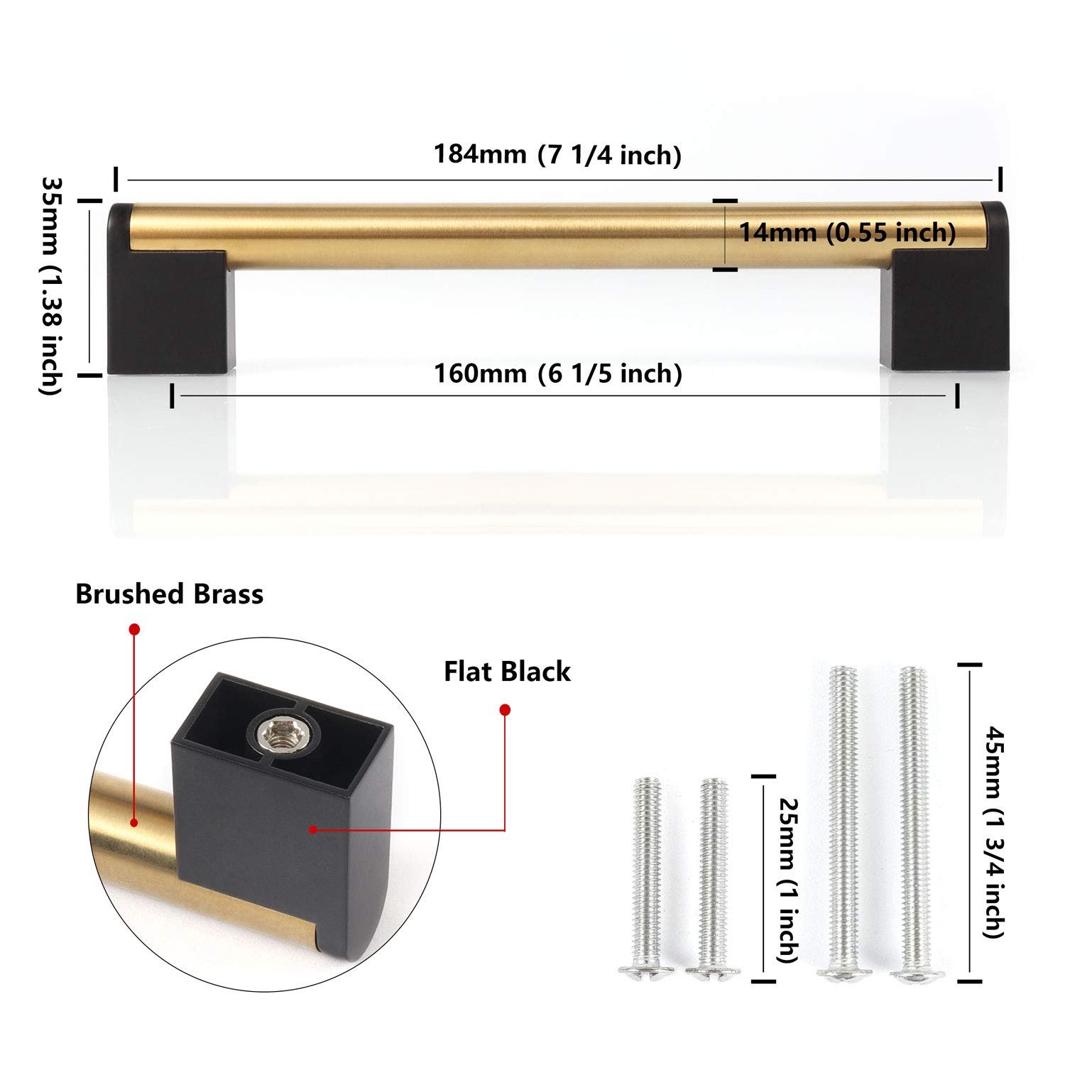 FULGENTE 10 Pack 6.3in 160mm Gold Brushed Brass Cabinet Handles Stainless Steel Round Black Square Zinc Pull Knobs for Kitchen Drawer Closet Bar Appliance Handle CC6 1/5 inch - image 2 of 5