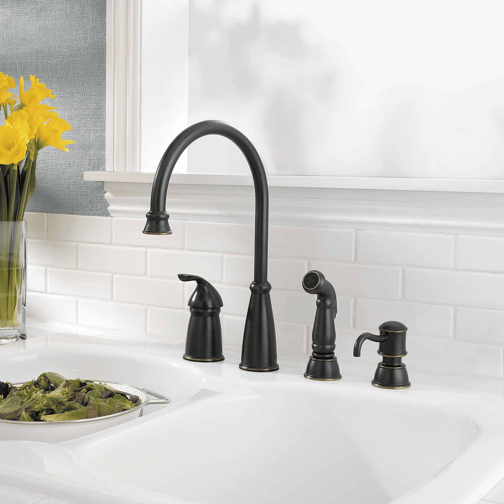 Avalon 1-Handle Kitchen Faucet with Side Spray & Soap Dispenser in Tuscan Bronze