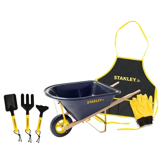 Stanley Jr. Kids Wheelbarrow Set – 6-Piece Durable Toddler Wheelbarrow & Garden Tools – Child Outdoor Toy for Ages 3  – Fun, Educational Backyard Play with Apron, Gloves & Tools