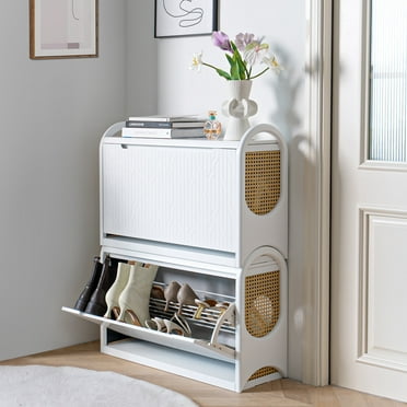 JOINICE Modern Shoe Cabinet, 1.2 inch Seat Cushion, with 2 Flip，Living Room ,White