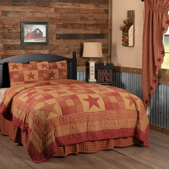 VHC Brands Ninepatch Star 3 Piece California King Country Patchwork Design, Quilt Set, Burgundy Red