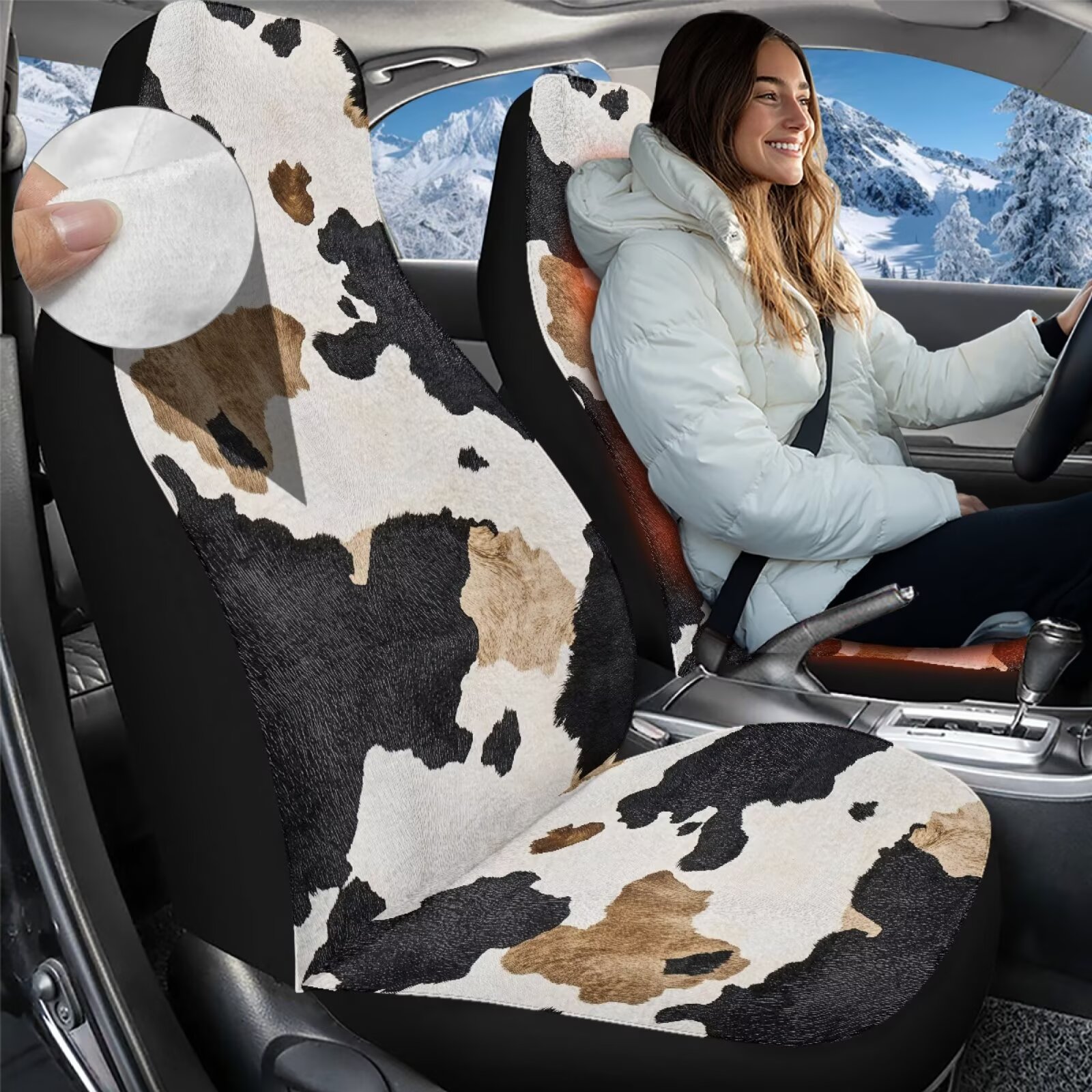 Uorisanigo Car Seat Covers, Plush Seat Covers, 2PCS Soft Coral Fleece Fabric Driver Seats Cover Protection Fit for Most SUV Trucks(Black and Brown Cow Print, Front Pair)