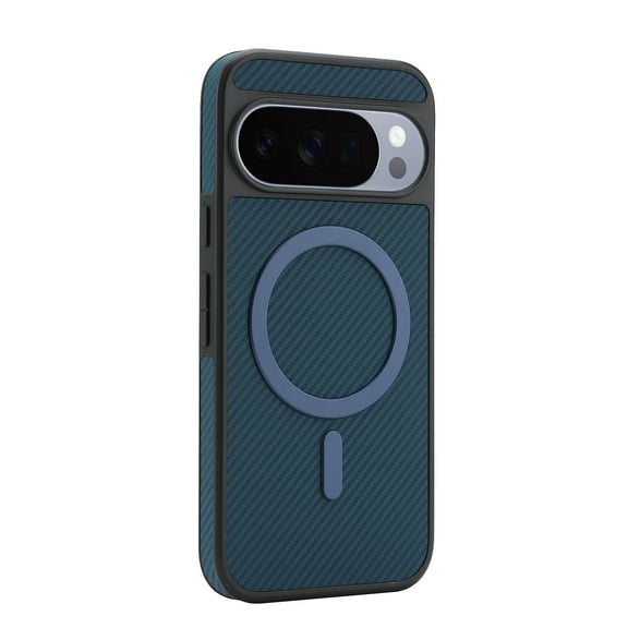 For Google Pixel 10 Pro XL Phone Case,Fiber Pattern PU Leather Back,Compatible with Mag-Safe,Shockproof & Anti-scratch,Ultra Slim Anti-fall Drop Protection,PC TPU Hybrid Durable Phone Case,Blue