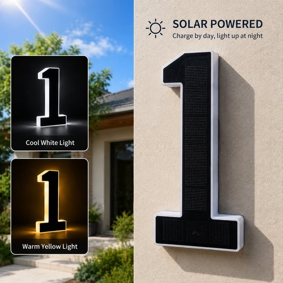 8-Inch Solar House Number for Outside, IP67, Warm Yellow/Cool White LED