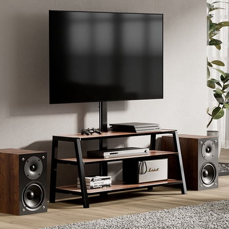 FITUEYES 3-Tier Floor TV Stand with Mount for 32 - 70 Inch TVs Retro Corner Entertainment Stand for Bedroom, Living Room, Walnut