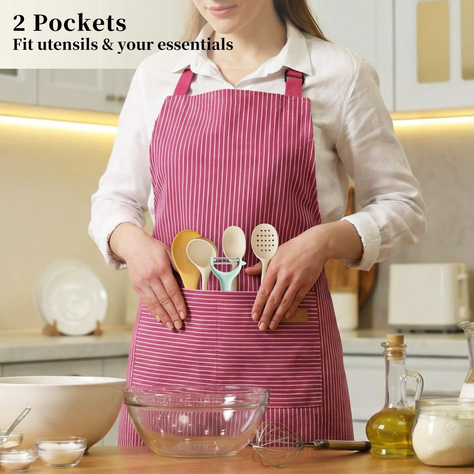 2 Pack Cooking Aprons Adjustable Bib Apron For Women With 2 Pockets  Kitchen Restaurant Men Chefs
