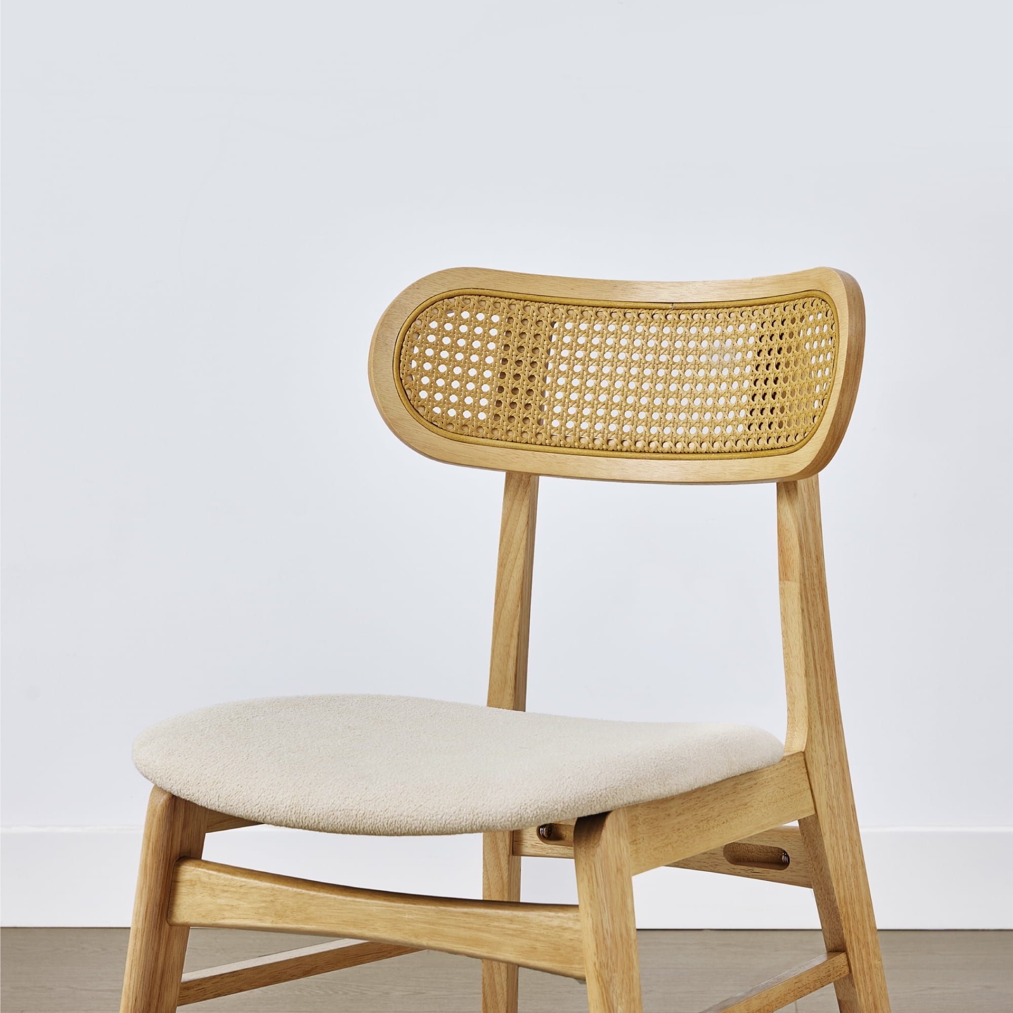 Spruce & Spring Rattan-Back Upholstered Dining Chair with Wooden Frame Set of 2, Natural