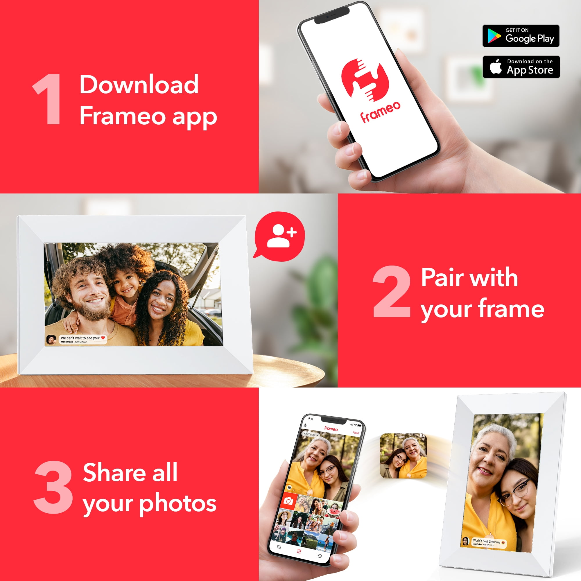 onn 10” Wi-Fi Digital Picture Frame | Send Photos & Videos Instantly via the Free Frameo App, 100147212, White