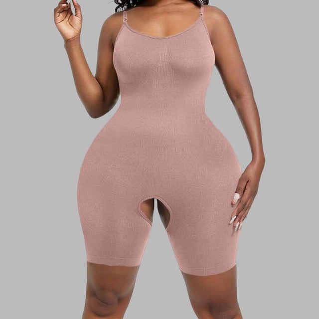 POUNOO Womens Ribbed Bodysuits Slim Fit Spaghetti Strap Crotchless Design Bodycon Fit Activewear Style Shapewear Gift