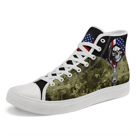 Coolcustomize Men's Gothic High-Top Sneakers with American Flag & Skull Design - Lightweight Breathable Casual Shoes, Black & Camouflage Pattern, Lace-Up Streetwear Trainers, Bold Graphic Sneakers