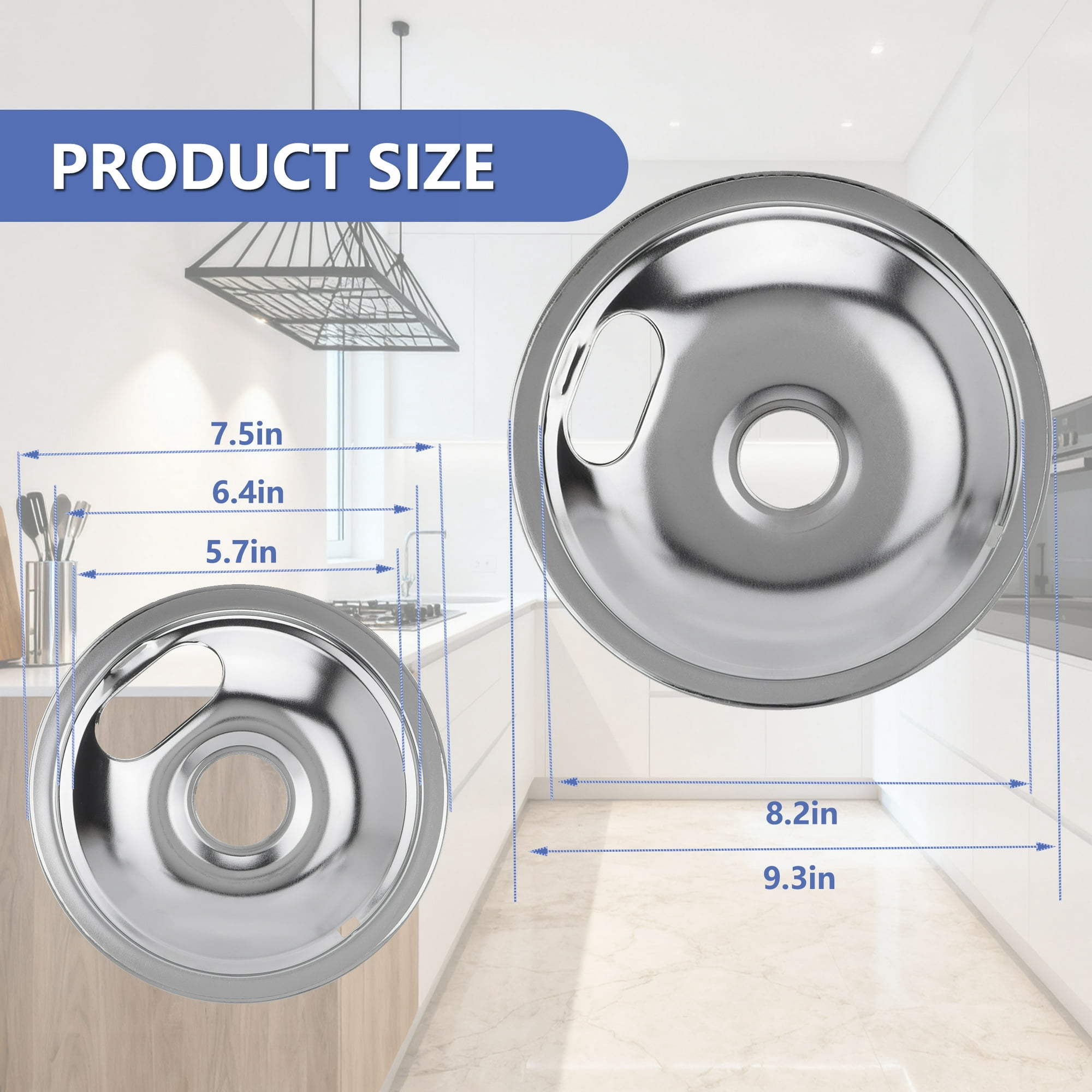 4 Pcs Stove Burner Drip Pans Chrome Replacement for Whirlpool Amana Maytag Magic-Chef Kenmore GE Electric Range  2 x 6" 2 x 8"