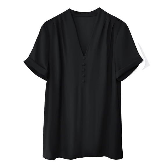 HAPIMO Women's Trendy Loose Tops Tunic Clearance Summer Tees Short Sleeve V Neck Button Pullover Elegant Casual Relaxed Blouses for Teen Girls Solid Color Black XL