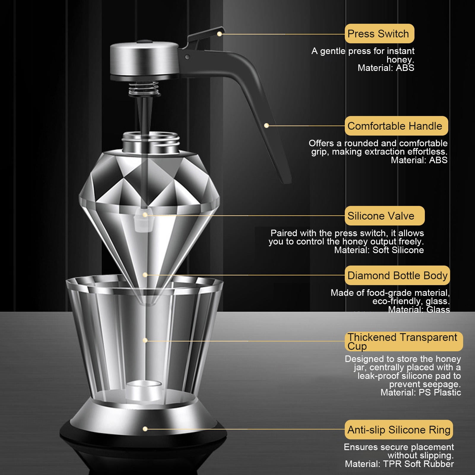 BIMZUC Clear Diamond‑Shaped Honey & Syrup Dispenser with Stand – Leak‑Free, Airtight, Multipurpose Honey Jar