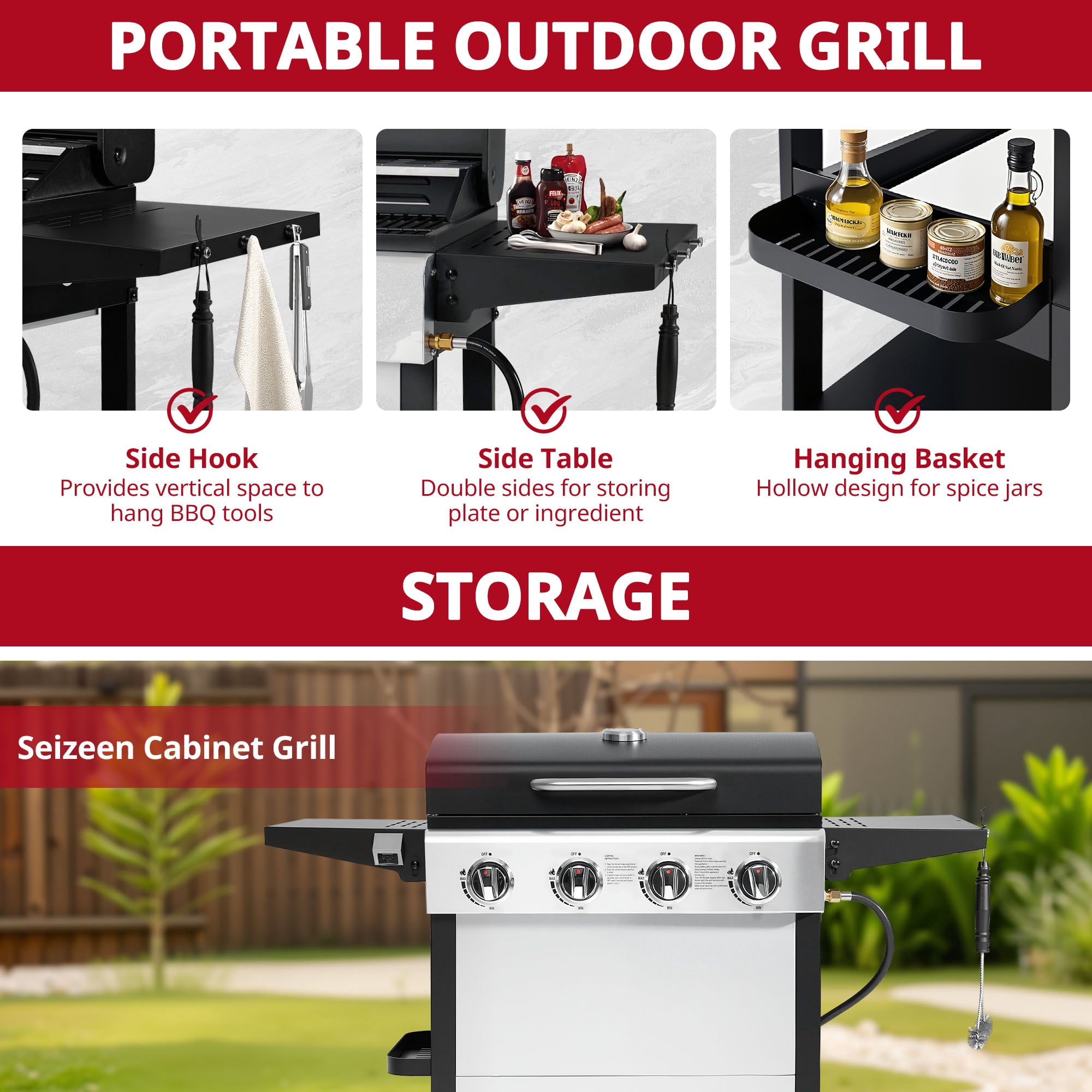 Enyopro Gas Grill, 4-Burner Propane Gas Grill, 40,00BTU Stainless Steel BBQ Grill With  Foldable Side Table, Hanging Basket, for Outdoor Camping Barbecue