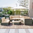 thumbnail image 2 of Patio Rattan Sofa Set, 6 Pieces Outdoor Sectional Furniture Set with Cushions and Small Trays, All-Weather PE Rattan Wicker Conversation Set for Patio Garden Poolside Deck, Beige, 2 of 10