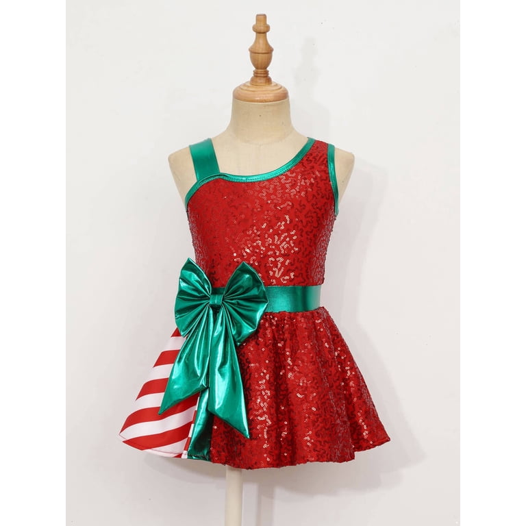 junior christmas dance dresses YiZYiF Kids Girls Sequins Striped Tutu Dress Costume Figure Skating Red-A 14 Style_Dress