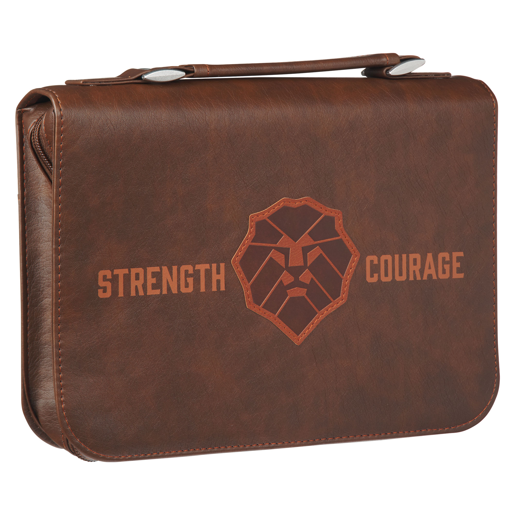 Christian Art Gifts Classic Vegan Leather Bible Cover for Men & Boys: Strength & Courage Encouraging Scripture Verse, Lion Design Sturdy Easy Carry Case Storage, Pockets, Pen Loops, Brown, Medium