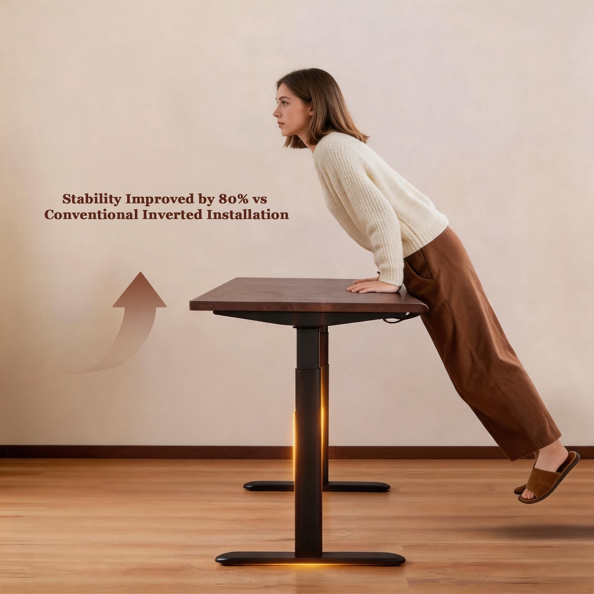Solid Rubberwood Electric Standing Desk with Single Motor, Height-Adjustable Sit Stand Desk and Ergonomic Workstation for Home Office, Walnut