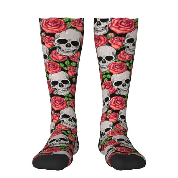 Fotbe Skull and Roses Calcetas Divertidas Estampadas para Hombre y Mujer, Calcetas de Algodón hasta la Rodilla para Caminar, Correr, Enfermería y Embarazo