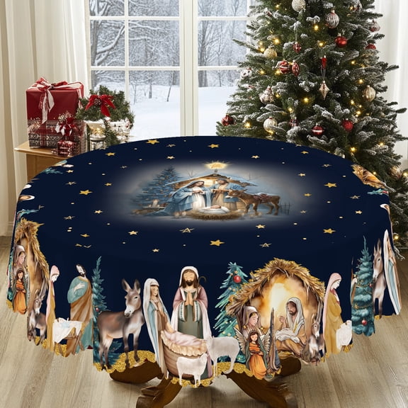 KOPOEELK Blue Nativity Scene Round Tablecloth, 60 in Round Christmas Dining Decor
