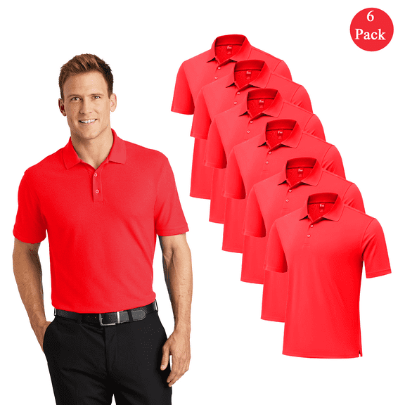Zfeel Men’s Dry Fit Performance Polo T-Shirt, Poly Moisture Wicking Casual Shirt, Red Tee 6 Pack, Size S