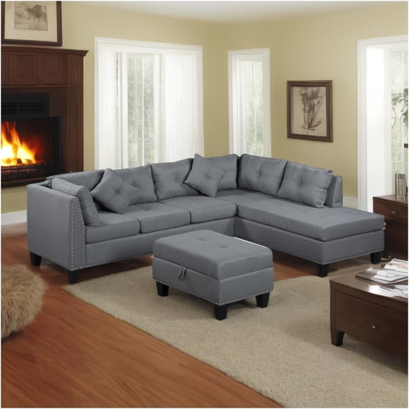 JERFIT Modern 5-Piece Upholstered Sectional Sofa Set with Storage Ottoman, Chaise Lounge, and Pillows, Gray Fabric