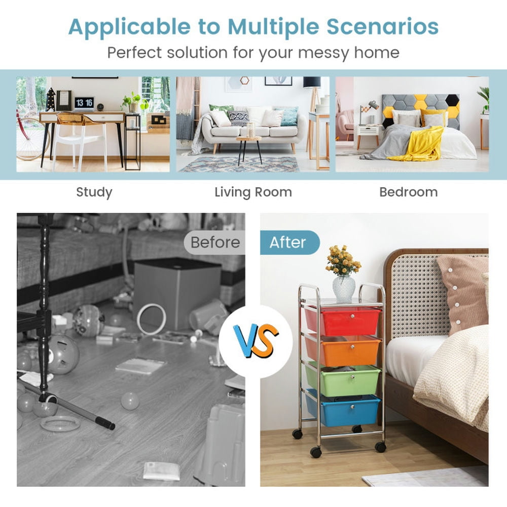 Demi Bonn 4-Drawer Cart Storage Bin Organizer Rolling with 4 Universal Casters, Transparent Multicolor