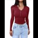 thumbnail image 1 of Camisas de Larga para Mujer, Ropa de Otoño, Blusas Henley, Blusas Informales de Negocios Acanaladas, Conjuntos de Moda. Vino Tinto L, 1 of 8