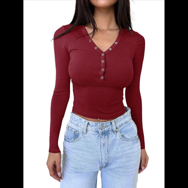 Camisas de Larga para Mujer, Ropa de Otoño, Blusas Henley, Blusas Informales de Negocios Acanaladas, Conjuntos de Moda. Vino Tinto M