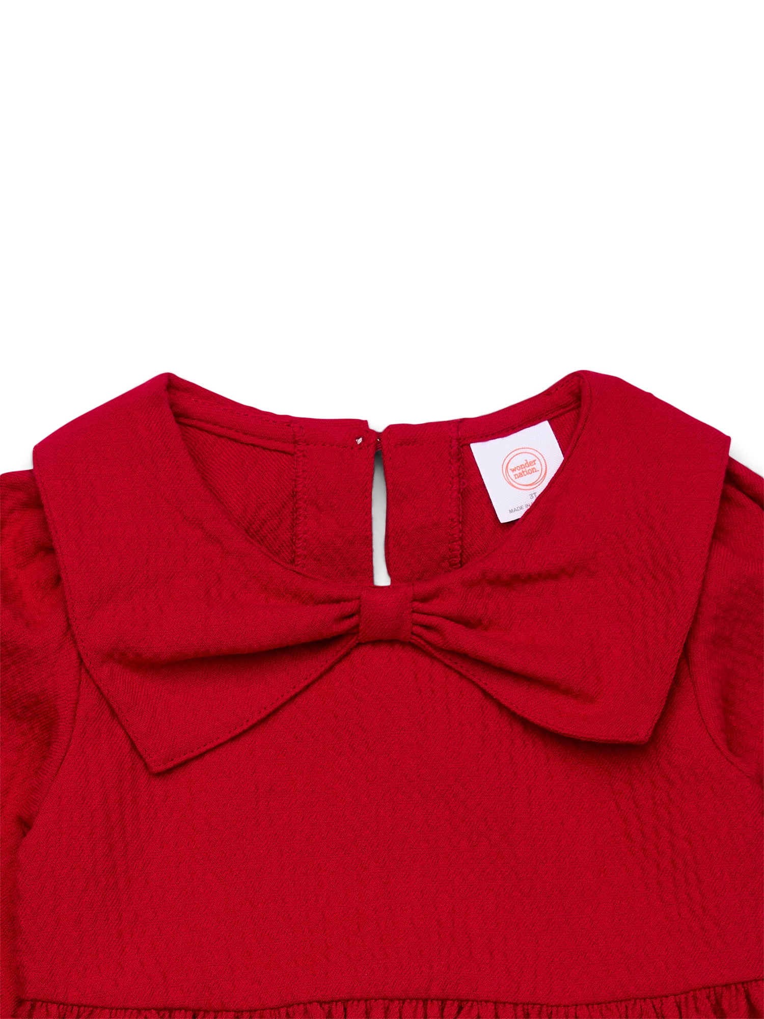 Wonder Nation Toddler Girls Puckered Bow Dress with Long Sleeves, Sizes 12M-5T