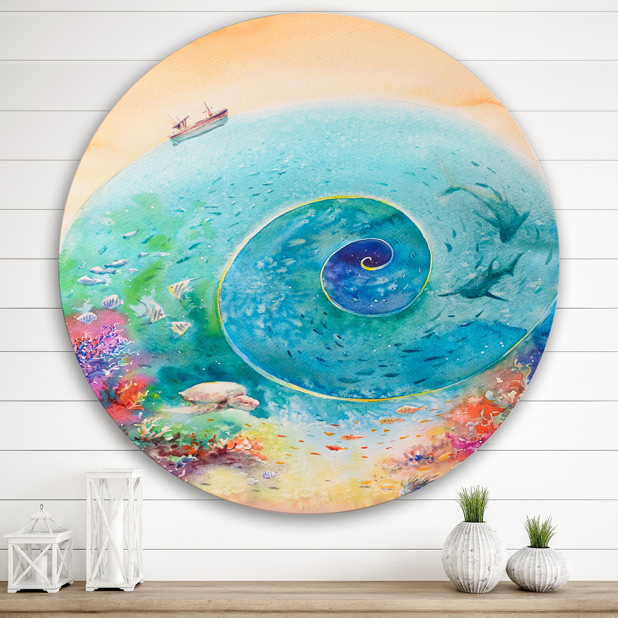 Designart 'Coral Reef Fishes With Turquoise Ocean Spiral' Nautical & Coastal Circle Metal Wall Art 36x36 - Disc of 36