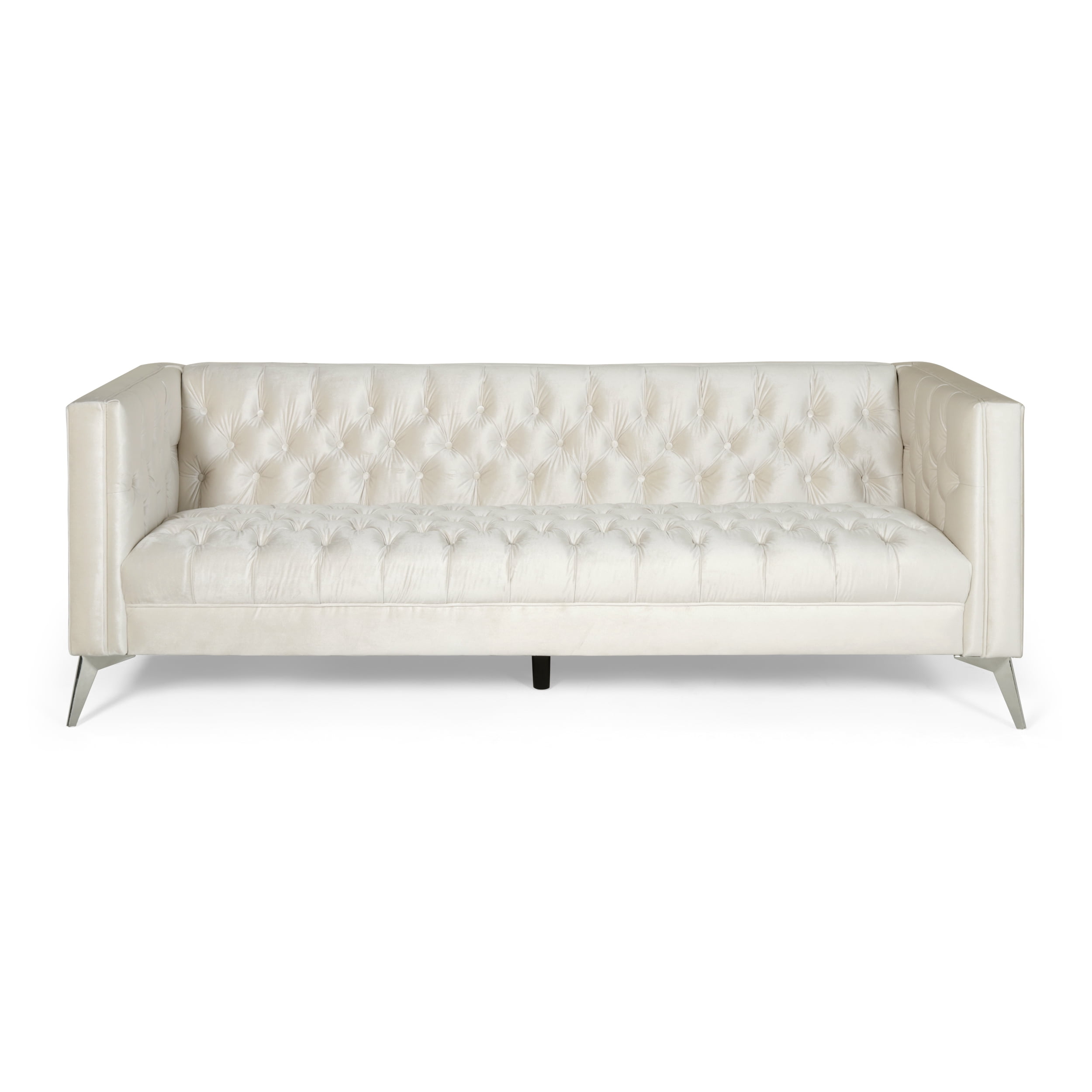 Noble House Camden Tufted Velvet Sofa, Beige, Silver