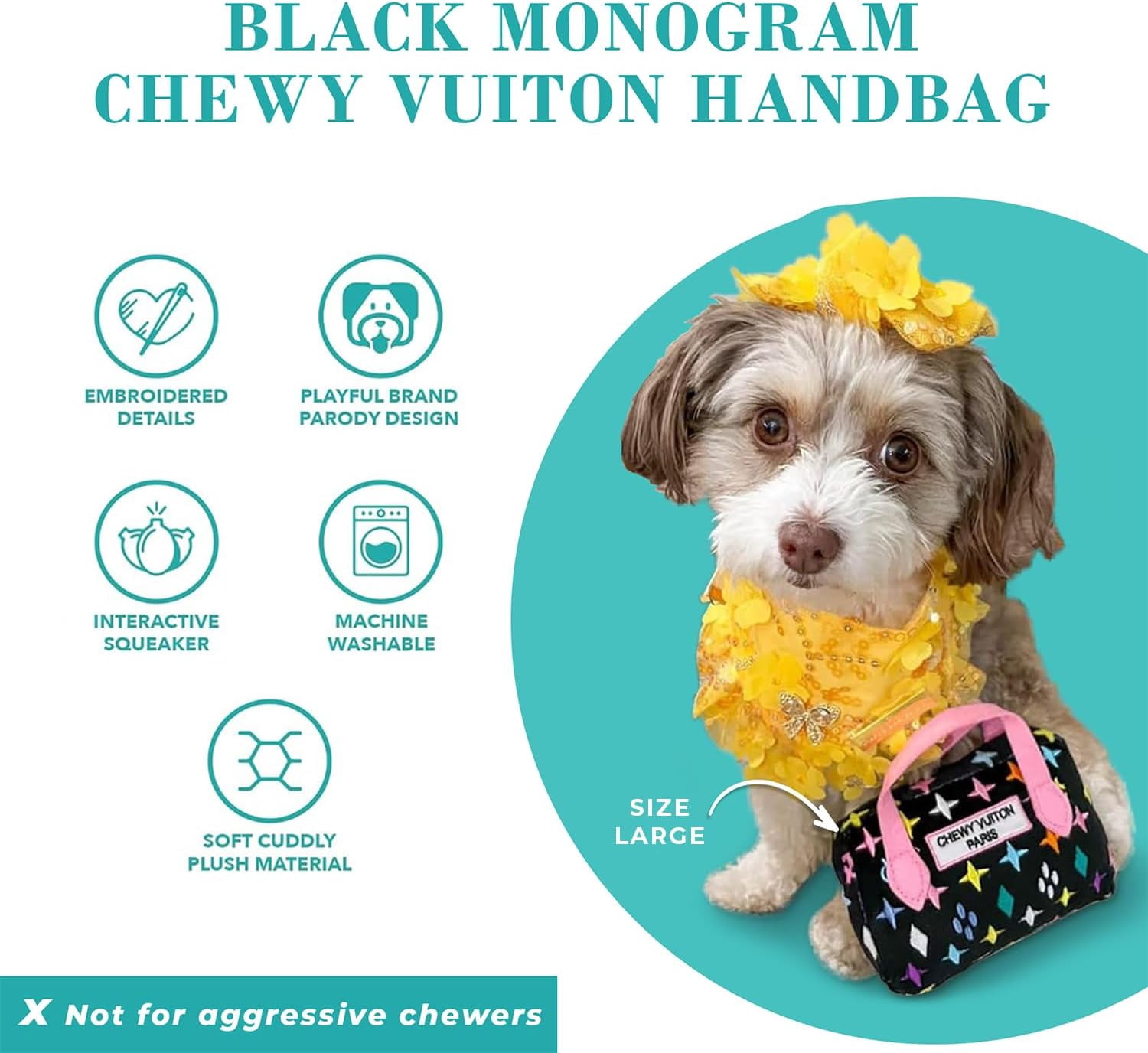 Haute Diggity Dog Monogram Chewy Vuiton Handbag, Plush Dog Toy with, Machine-Washable, for All Breeds, Size Small