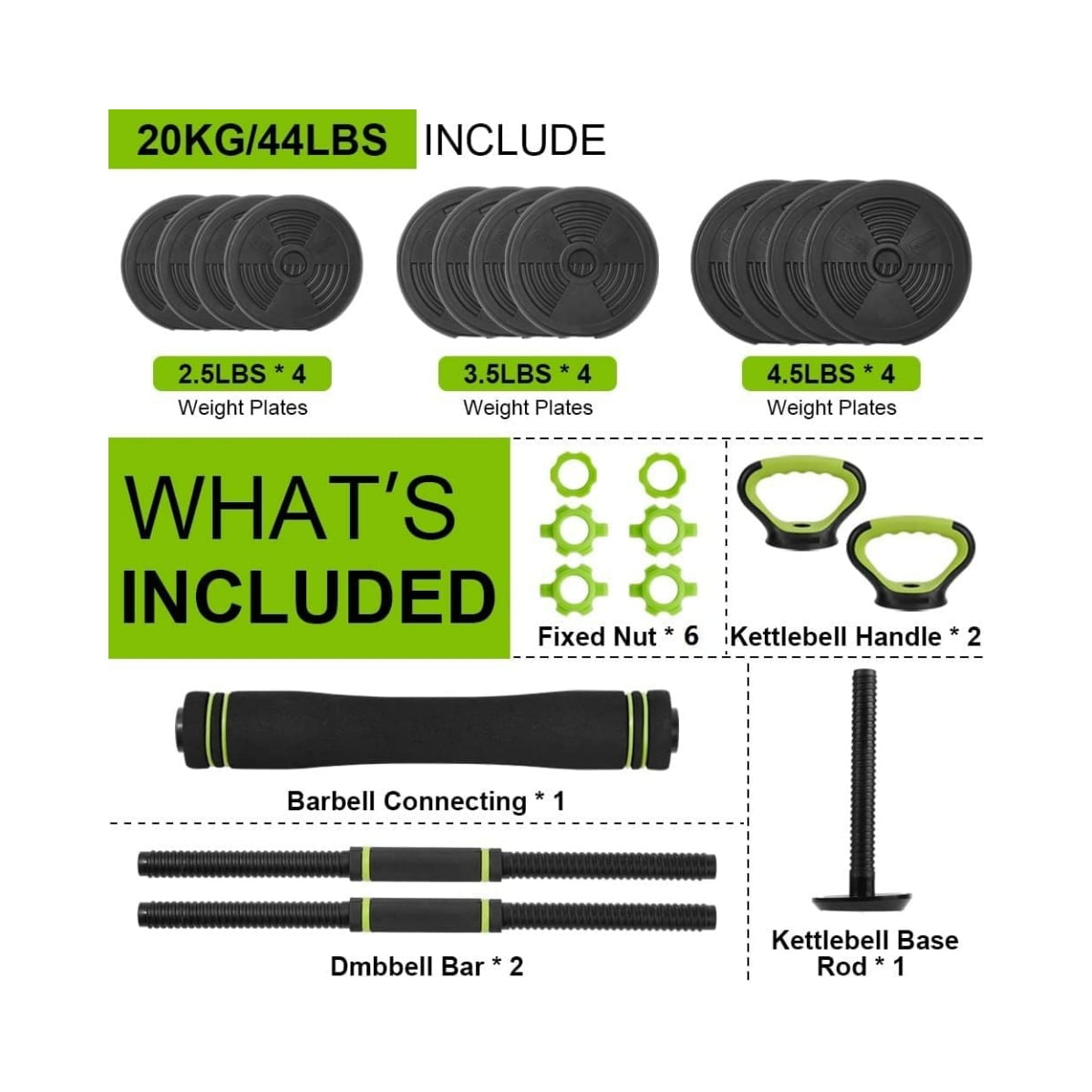Adjustable Dumbbell Set, 4 in 1 Adjustable Kettlebell Set,44lbs/66lbs/88lbs Weight Set Used as Kettlebells, Barbell, Push up Stand for Home Gym,Green and Black,Round Head