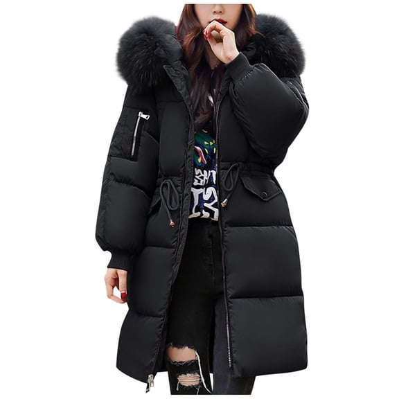 Women's Long Hooded Puffer Jacket, Warm Winter Parka with Faux Fur Trim