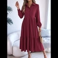 thumbnail image 4 of Vestido Camisero Informal de 3/4 para Mujer, con Botones, Cuello en V, Cuello Escalonado, Holgado y Vino Tinto M, 4 of 9