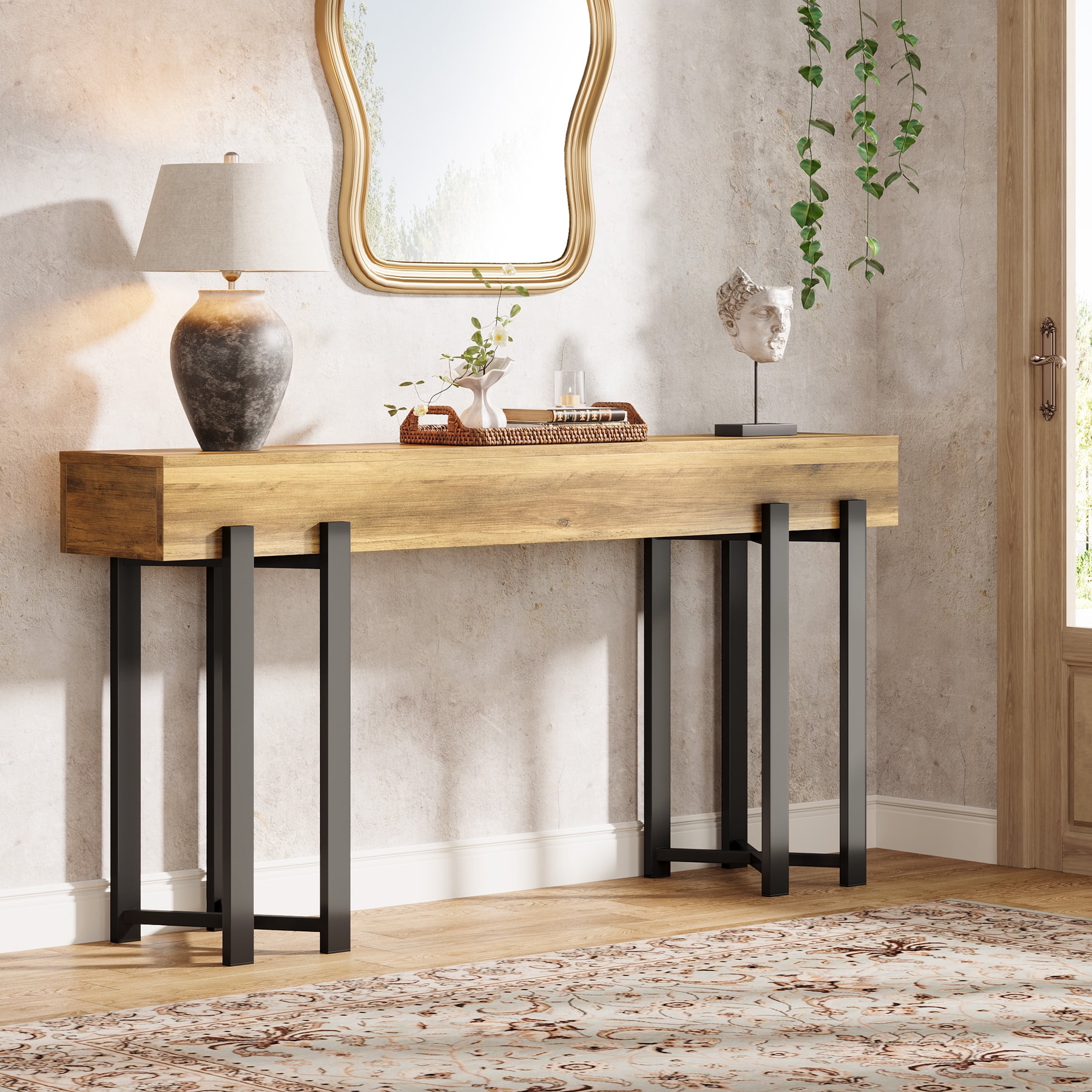 Tribesigns 63-Inch Console Table for Entryway, Industrial Behind Couch Table, Minimalist Sofa Table for Living Room, Rustic Brown Wooden Hallway Foyer Table with Black Metal Frame