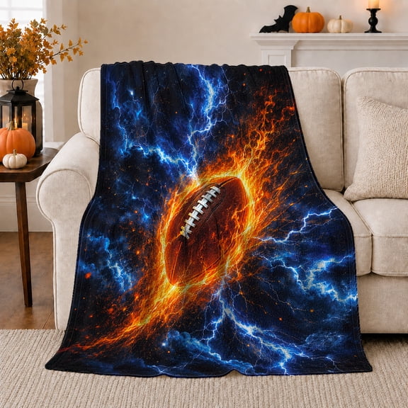 Fiery Football Electric Lightning Storm Sports Fan, Mystical Celestial Scene, Warm Flannel Blanket for Living Room and Bedroom, Celestial Art Lovers Housewarming Gift, Celestial Home Decor