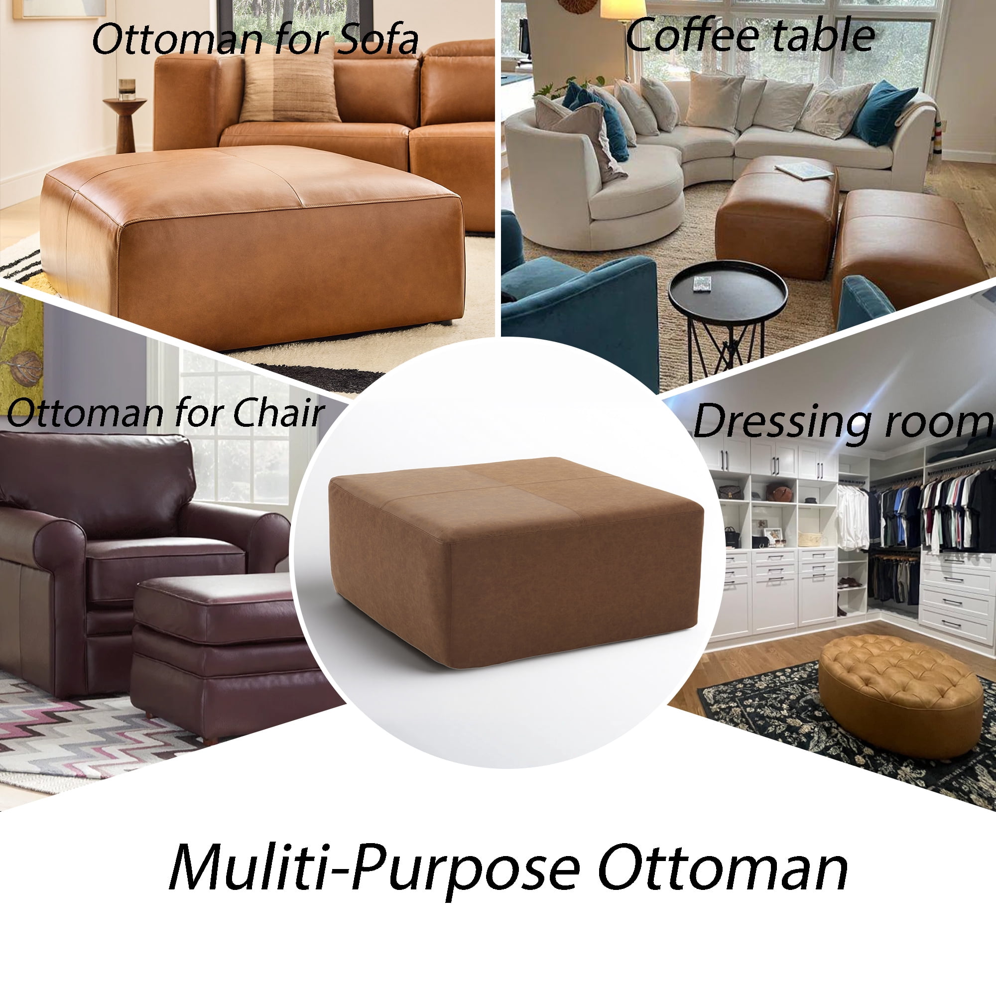 35" Wide Oversized Square Ottoman Coffee Table, Faux Leather Couch Ottoman Large Footstool for Living Room (Brown, Square)