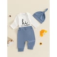 thumbnail image 3 of Suealasg 3Pcs Baby Boys Fall Outfits Long Sleeve Letters Print Romper + Long Pants + Hat Set 3 6 Months Newborn Boys Autumn Clothes, 3 of 7